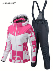 2Pcs Ski Set Full Zip Long Sleeve Jacket & Windproof Trouser Ski Suit