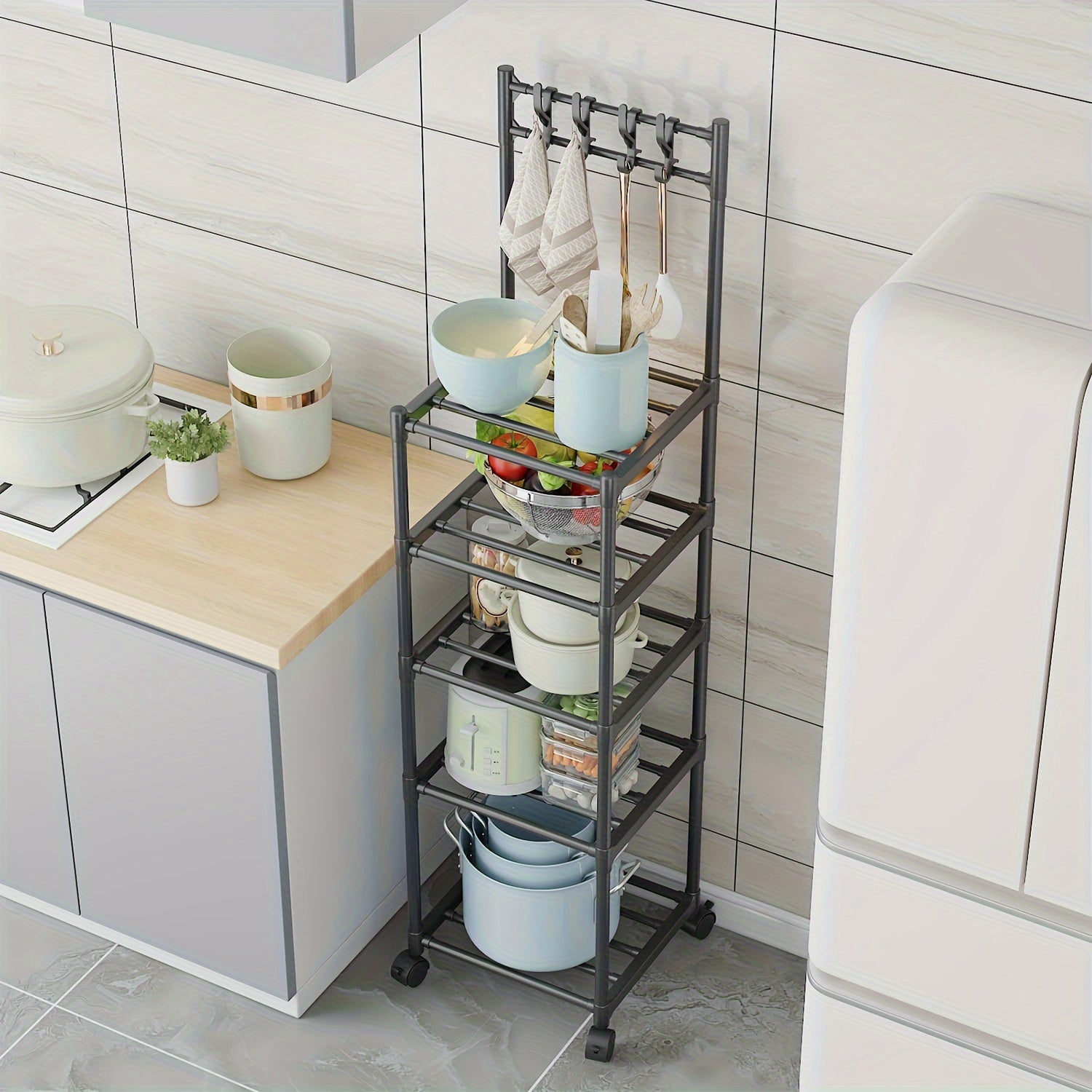 5 Layer Kitchen Storage Rack with Pulleys & Hooks Standing Rack