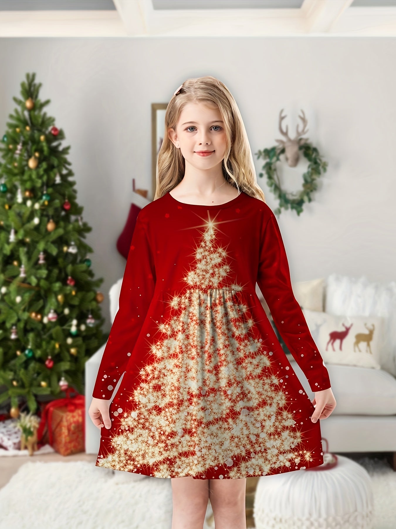 Girls Golden Christmas Tree Long Sleeve Dress 3D Print Spring Fall Christmas