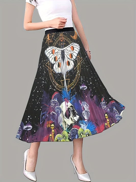 Butterfly Print Pleated Skirt Elastic Waist Swing Skirt