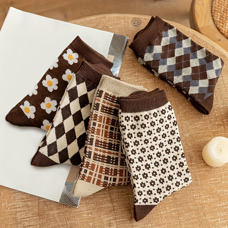 Floral & Plaid Print Socks Retro College Style Women's Stockings