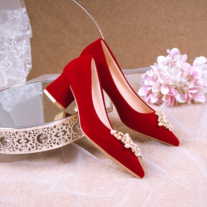 Pearl High Heels Block Heeled Pointed Toe Wedding Shoes