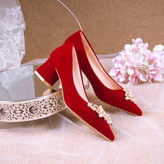 Pearl High Heels Block Heeled Pointed Toe Wedding Shoes