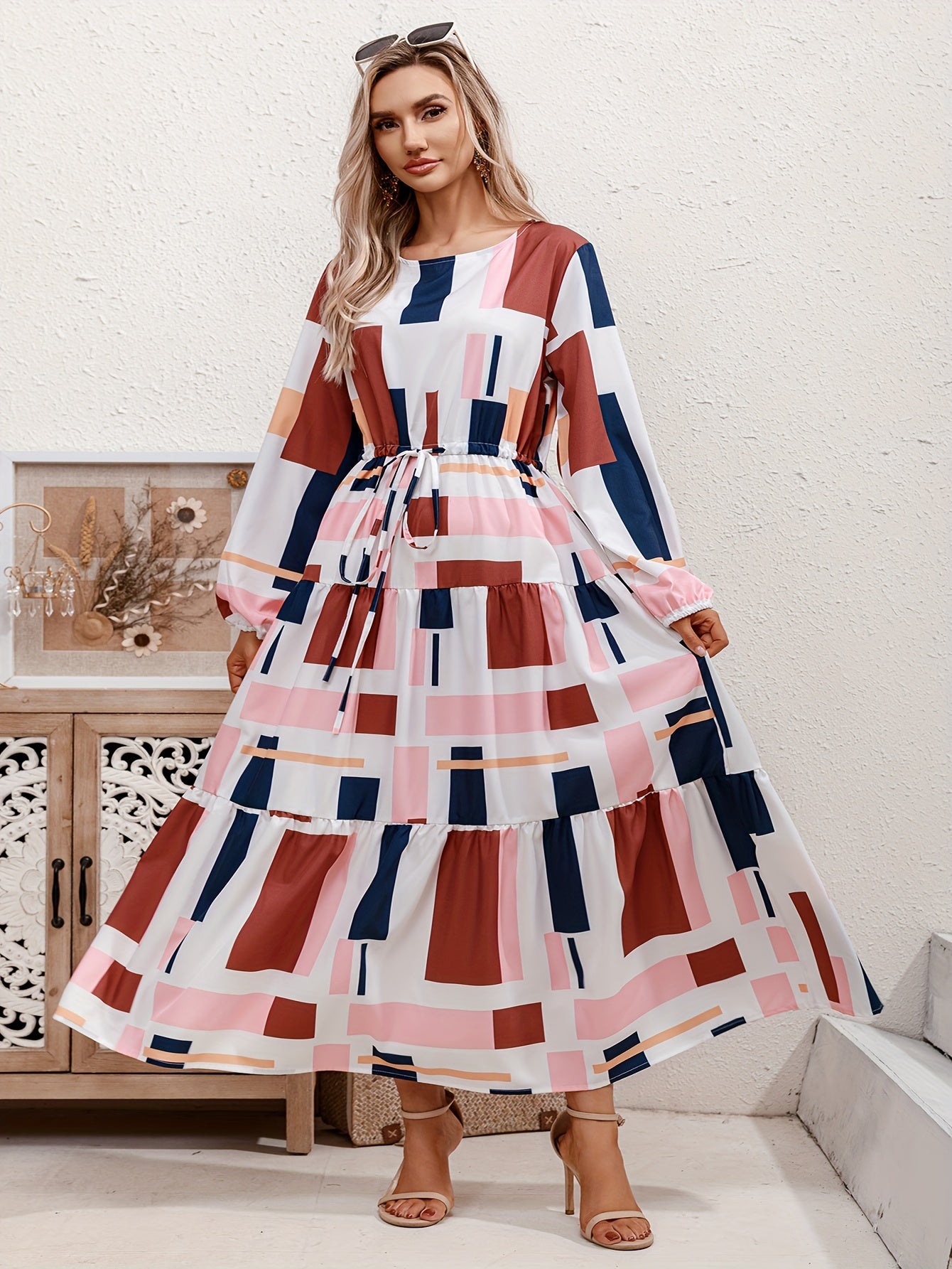  Colorblock Geometric Print Maxi Dress