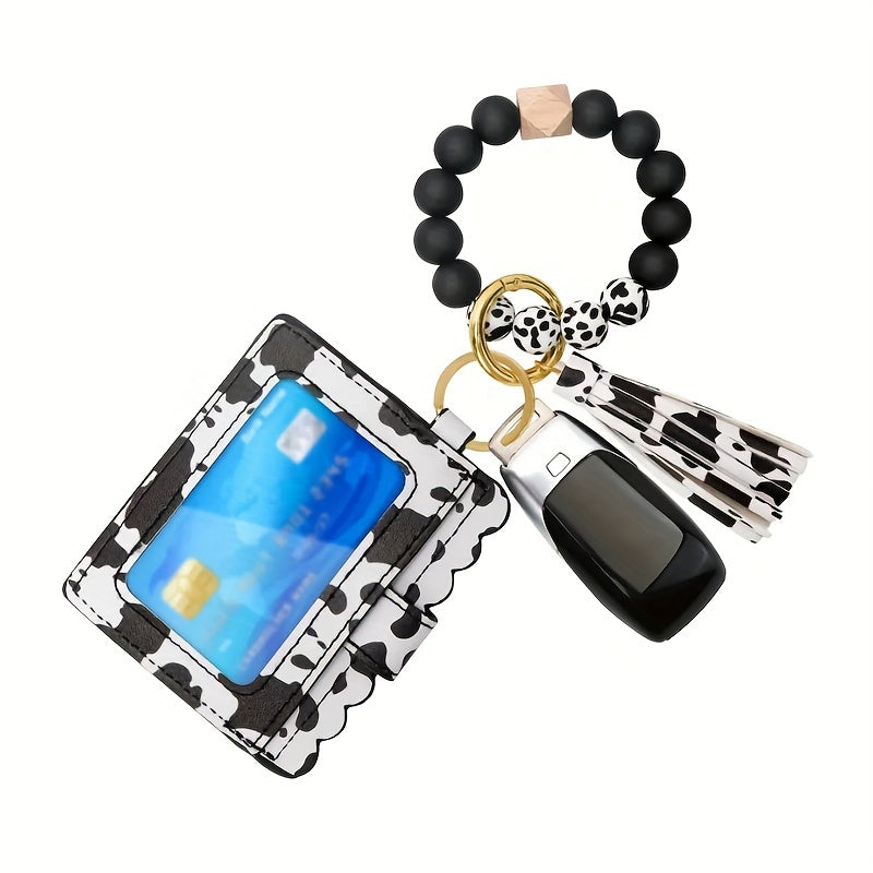 Leopard Pattern Wallet Shape Key Chain PU Leather Tassel Pendant