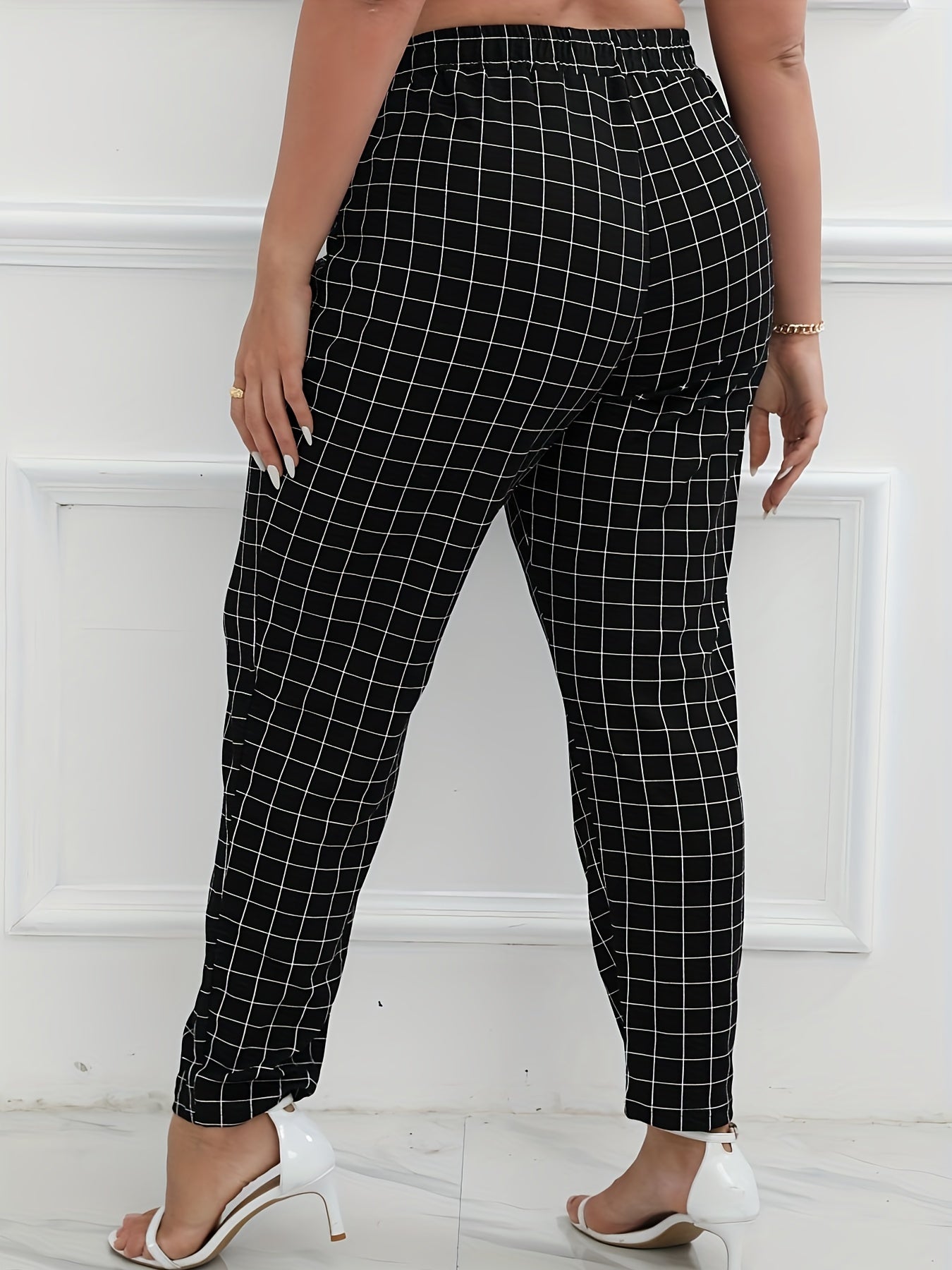  Windowpane Print High Rise Tapered Leg Pants