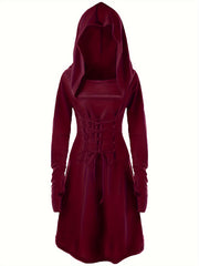  Gothic Lace Up Long Sleeve Hooded Dress