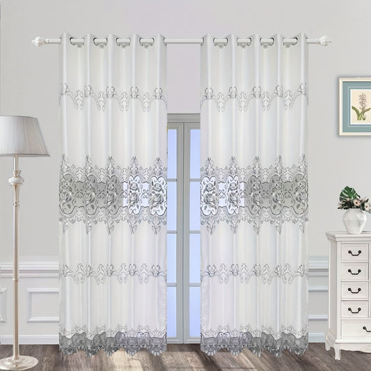 Grey Flower Embroidered Curtain for Home Decor