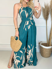 Floral Print Split Halter Neck Jumpsuit Backless Wide Leg Jumpsuit