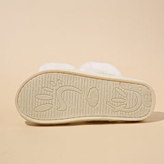 Women's Double Straps Flat Slippers Open Toe Solid Non Slip Fluffy Home Shoes