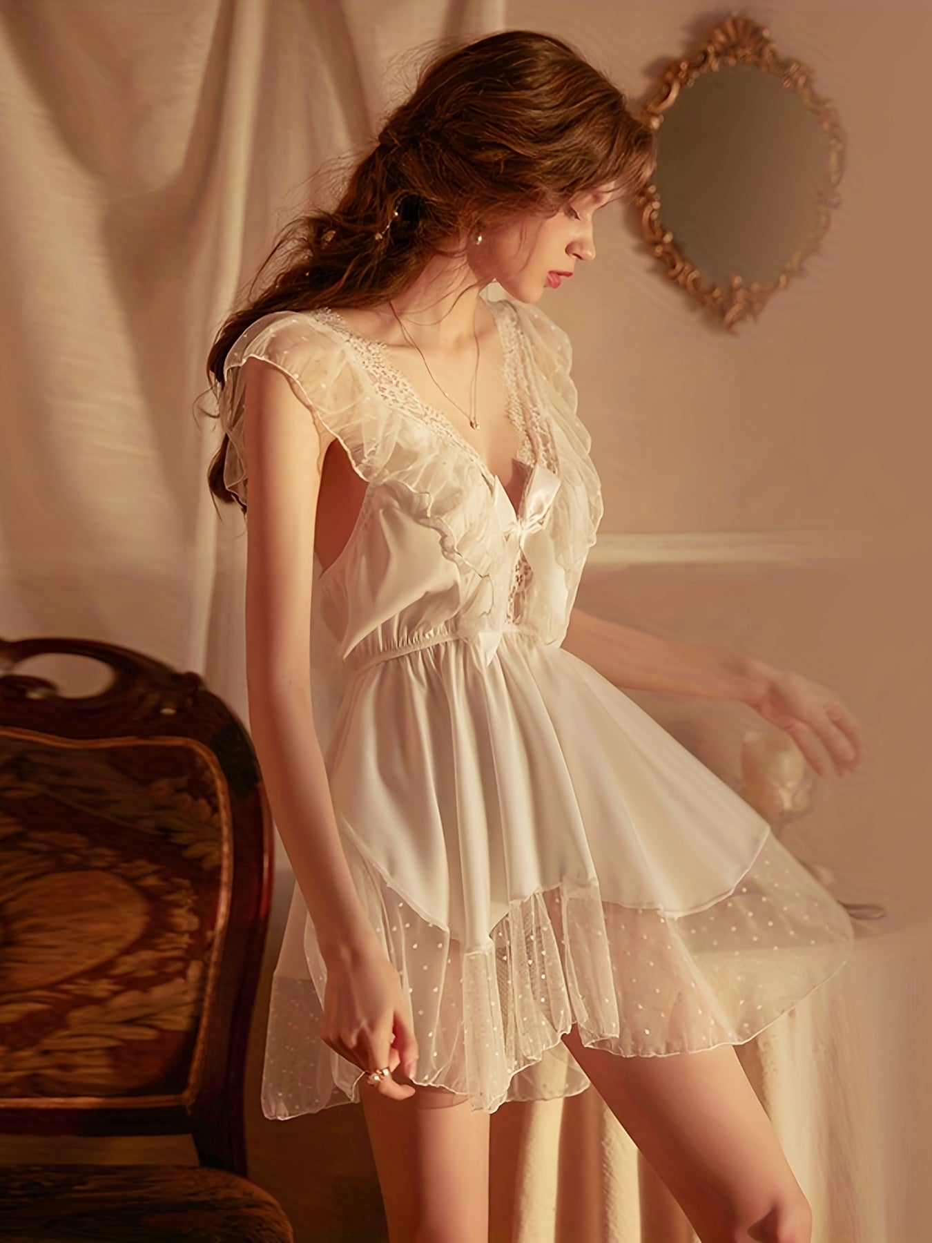 Polka Dot NightDress V Neck Backless Pajama Dress