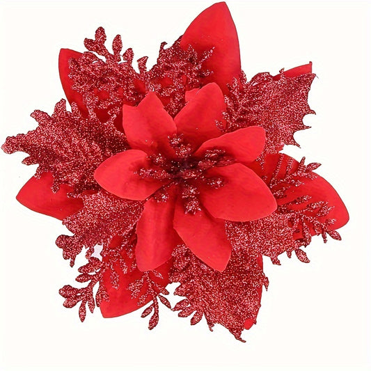 6pcs Glitter Poinsettia Flowers Red Christmas Tree Ornaments