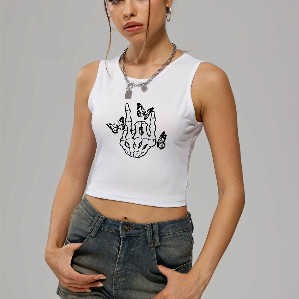 Skeleton Hand & Butterfly Tank Top