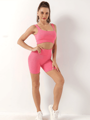 2pcs Ribbed Workout Sets Square Neck Sports Tank Top Bra & High Waist Solid