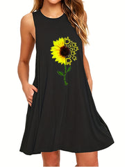  Sunflower Print Tank Dress with Pockets