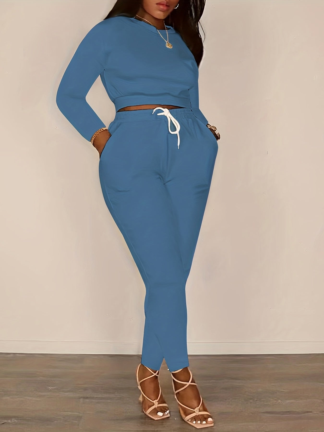 Solid Casual Two piece Set Crew Neck Long Sleeve Tops & Drawstring Elastic Waist