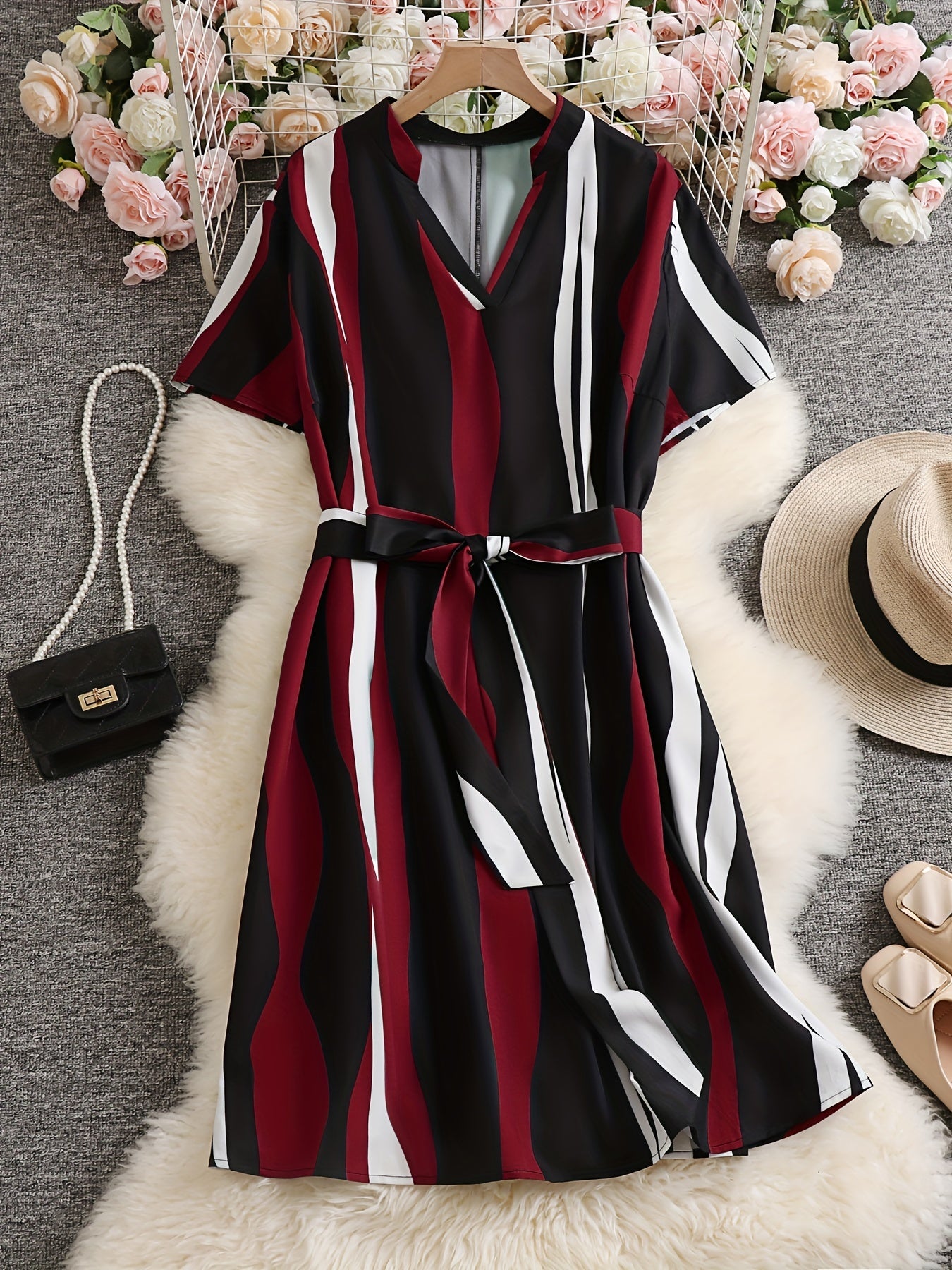  Women's Stripe Print Notched Neck Cap Sleeve Mini Dress