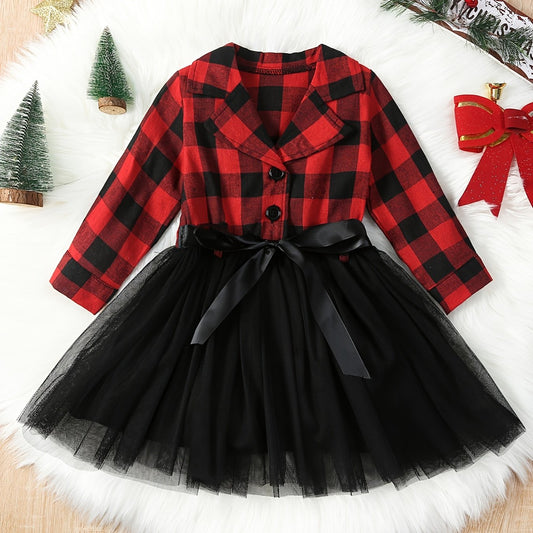 Christmas Plaid Long Sleeve Tutu Dress For Girls
