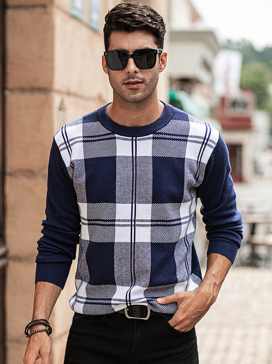 Men's Plaid Crew Neck Sweater Classic Long Sleeve Pullover