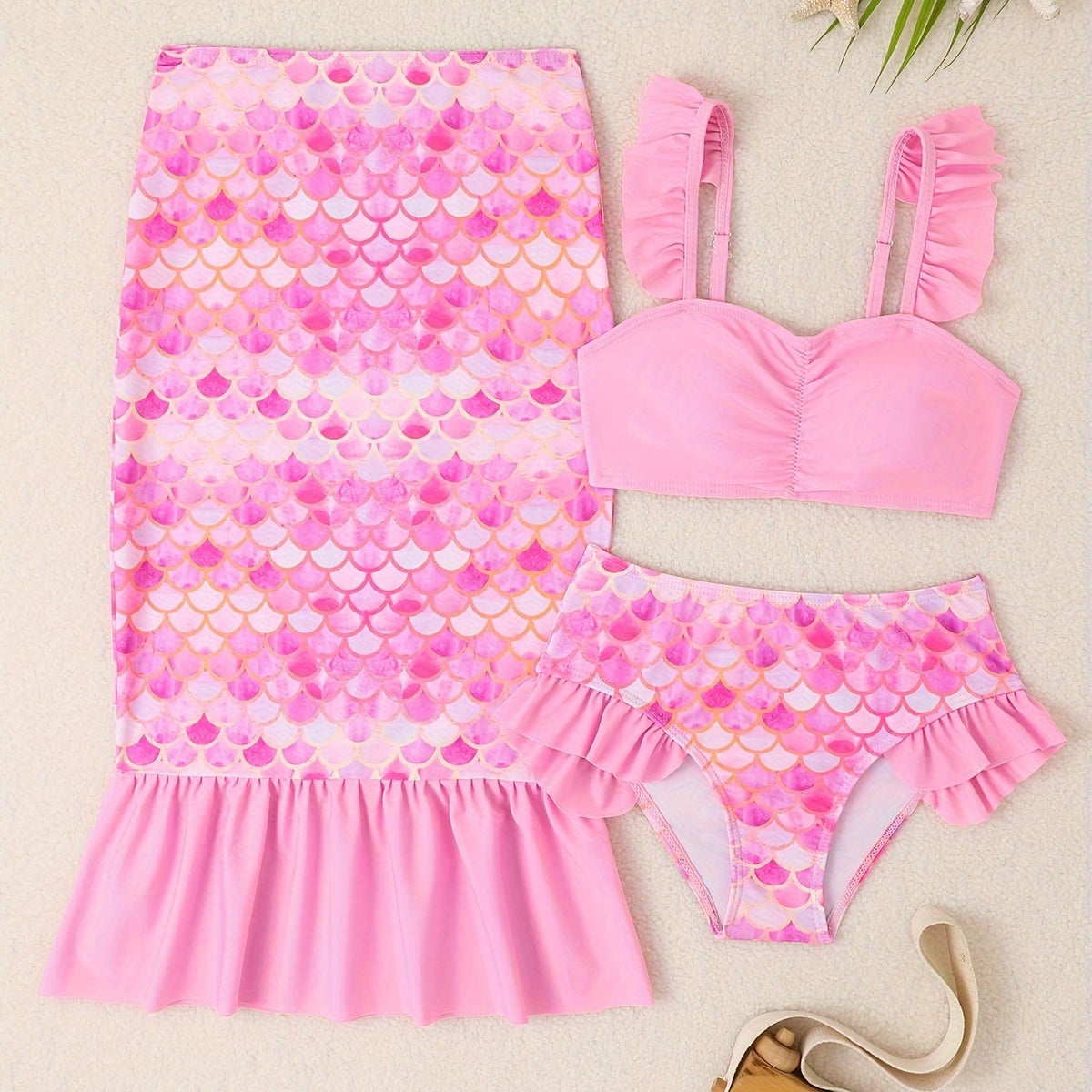 3pcs Girls Gradient Fish Scale Swimsuit Set Kids Summer Clothes