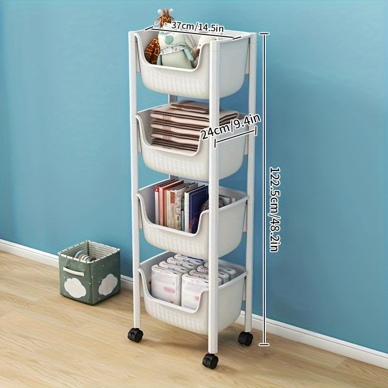 1pc Plastic Rolling Cart With Handle Storage Trolley Movable Storage Rack