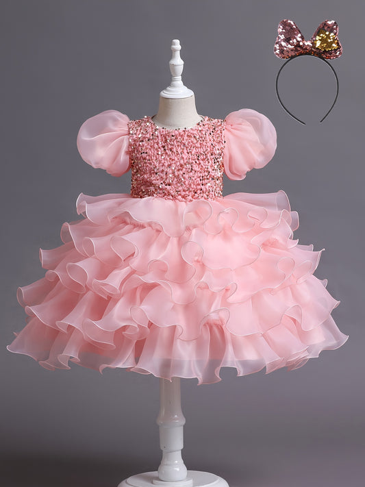 Girls Sequined Party Ball Dress With Bow Headband