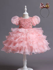 Girls Sequined Party Ball Dress With Bow Headband