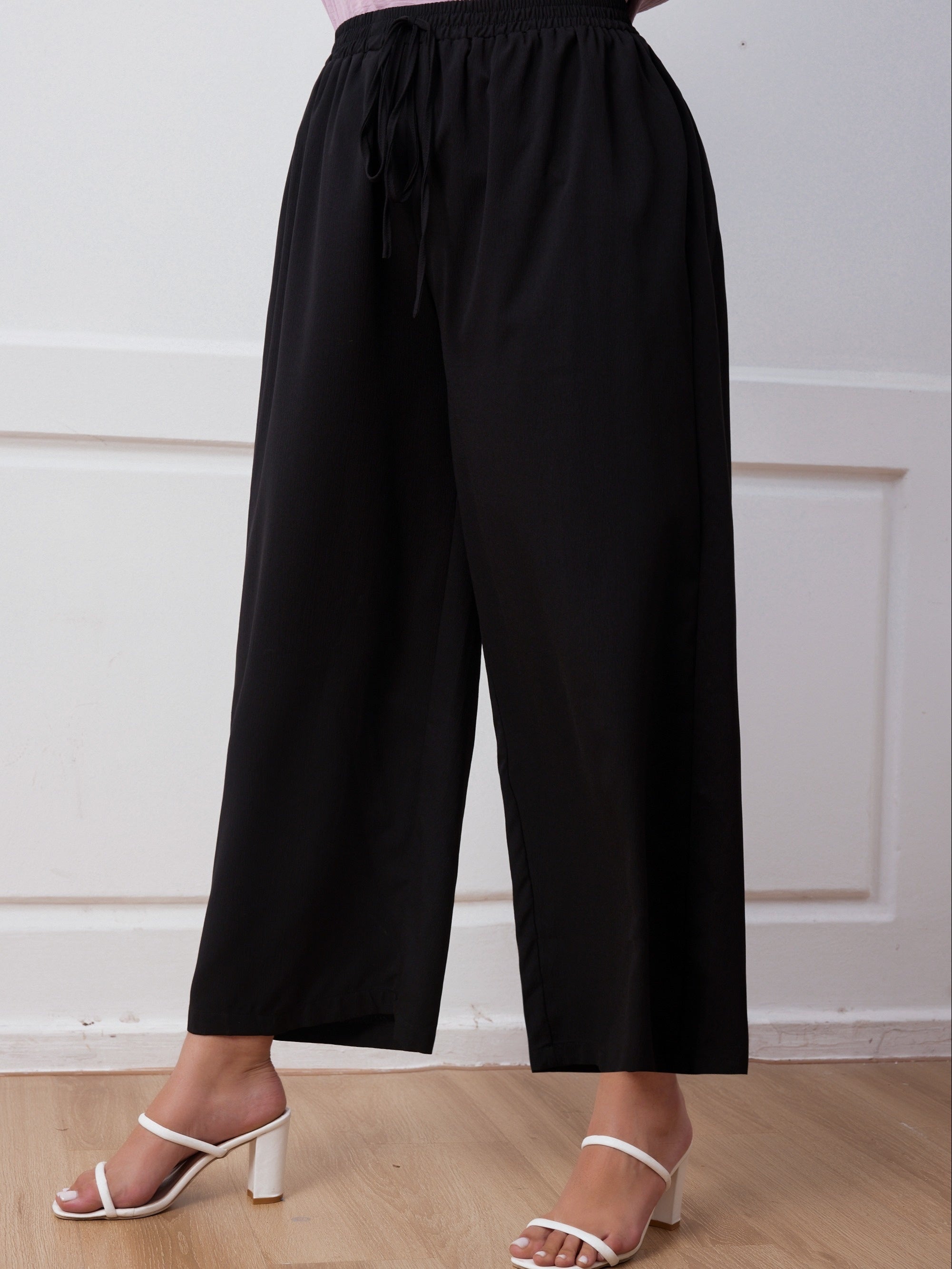  Solid Elastic Drawstring Wide Leg Pants