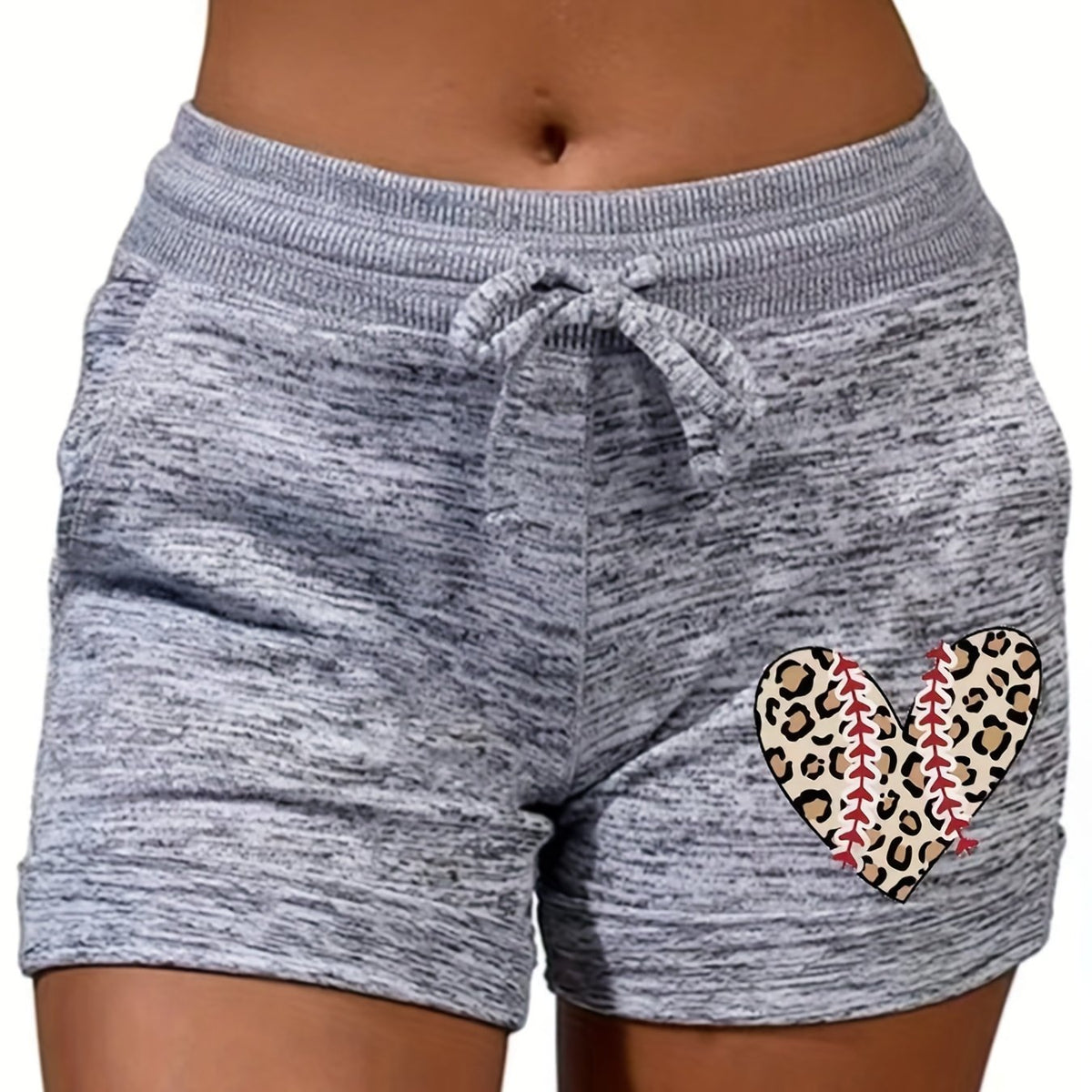 Leopard Heart Drawstring Shorts with Pockets