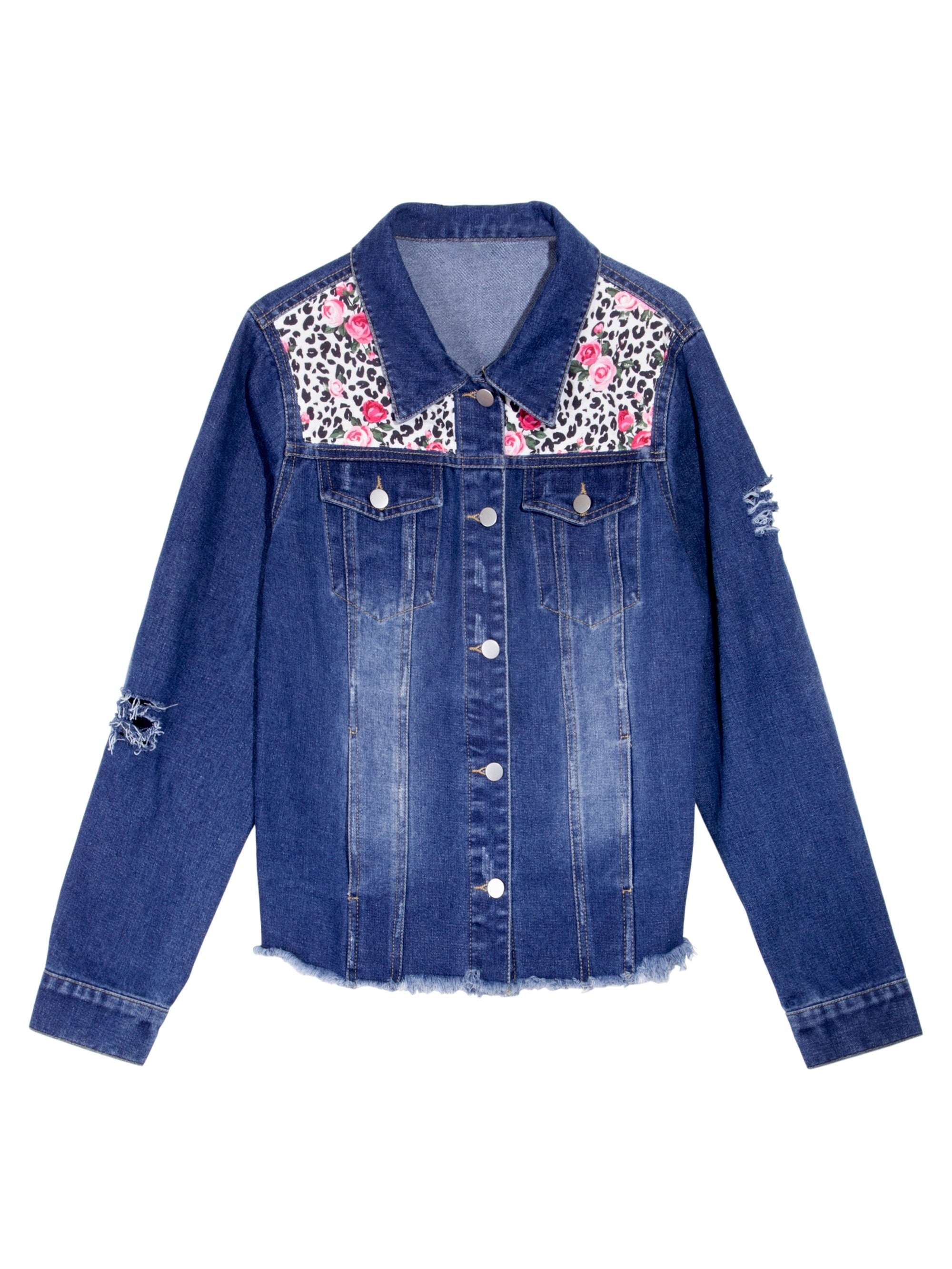  Floral & Leopard Print Fringe Trim Denim Jacket