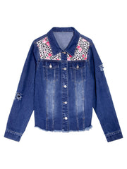 Floral & Leopard Print Fringe Trim Denim Jacket