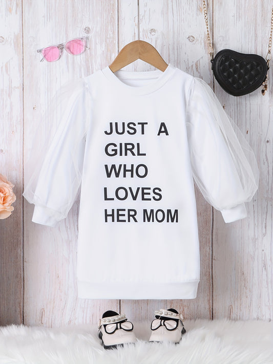 Girls' Letter Print Mesh Long Sleeve Dress - Party Holiday Outing