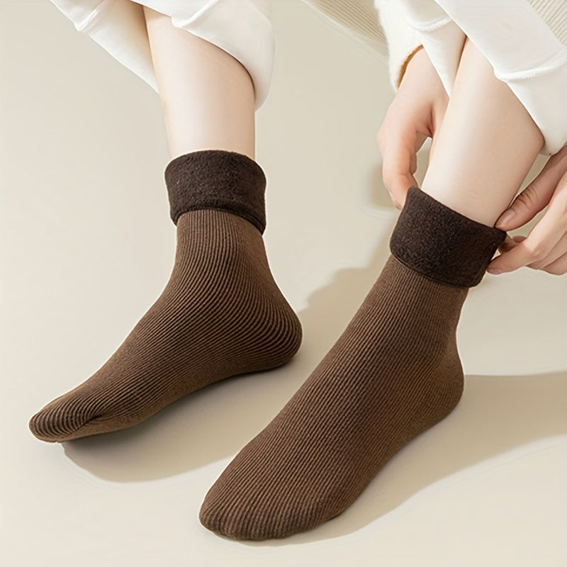 5 Pairs Plush Lined Socks Comfy Warm Ribbed Crew Socks Women's Stockings
