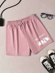  Cat & Letter Print Sporty Pajama Shorts