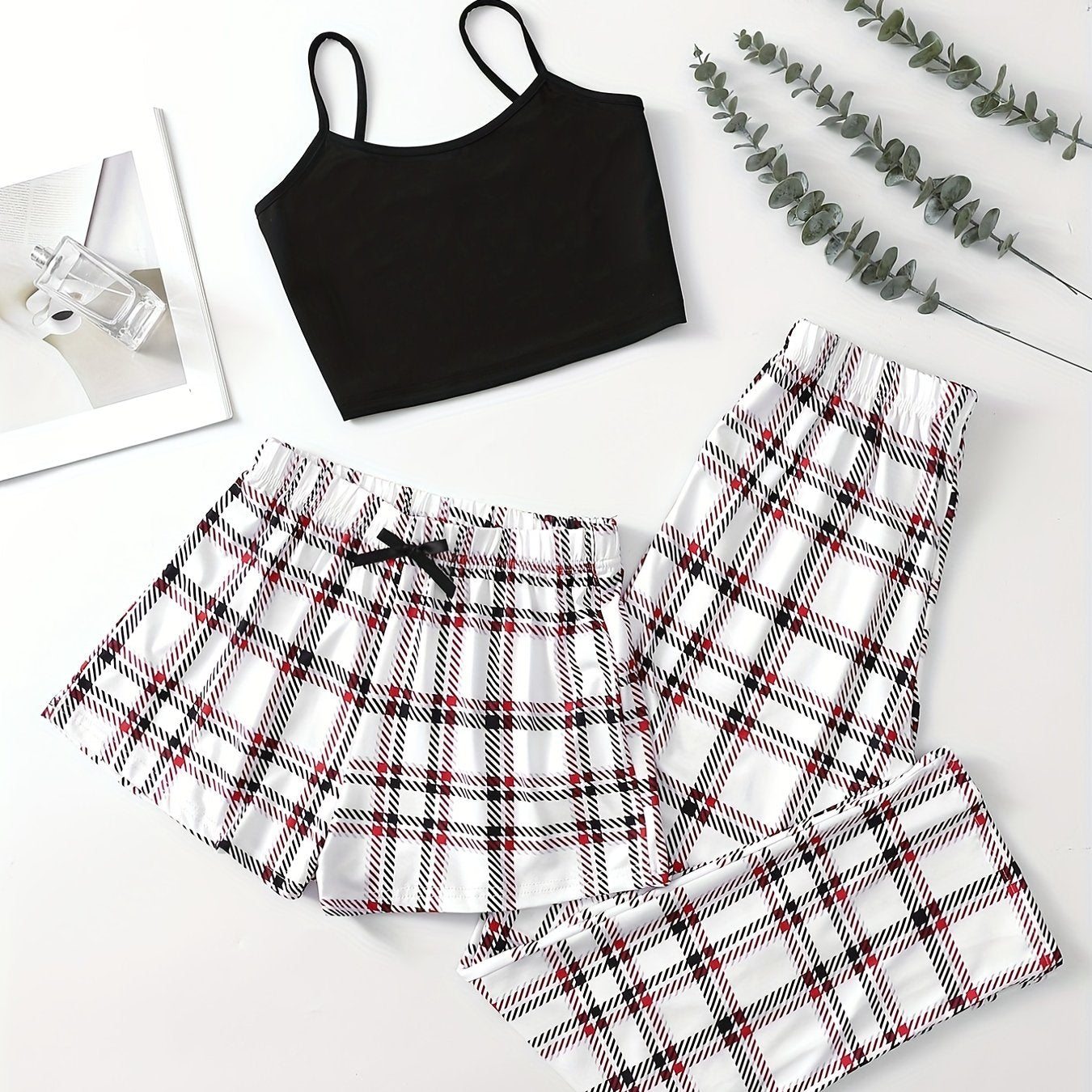 Plaid Print Pajama Set Cami Top & Bow Shorts Women's Sleepwear