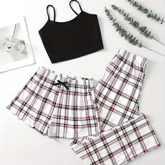Plaid Print Pajama Set Cami Top & Bow Shorts Women's Sleepwear