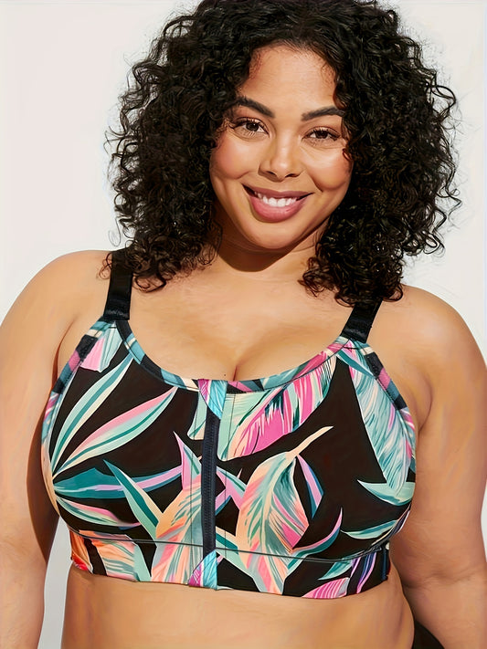  Tropical Print Zipper Front Sports Bra