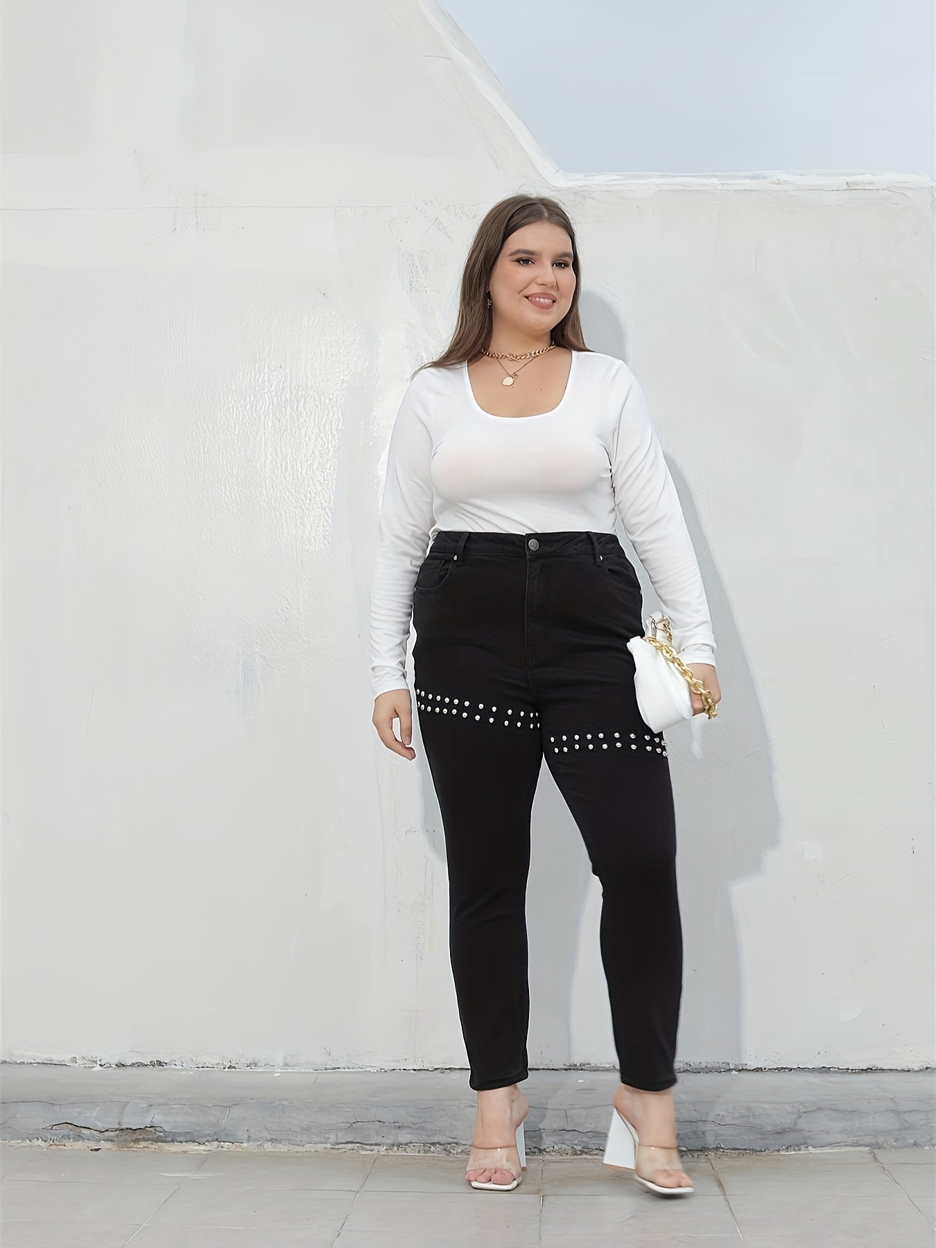  Y2K Pearl Decor Straight Leg Denim Pants