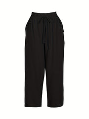  Solid Straight Leg Drawstring Pants With Pockets