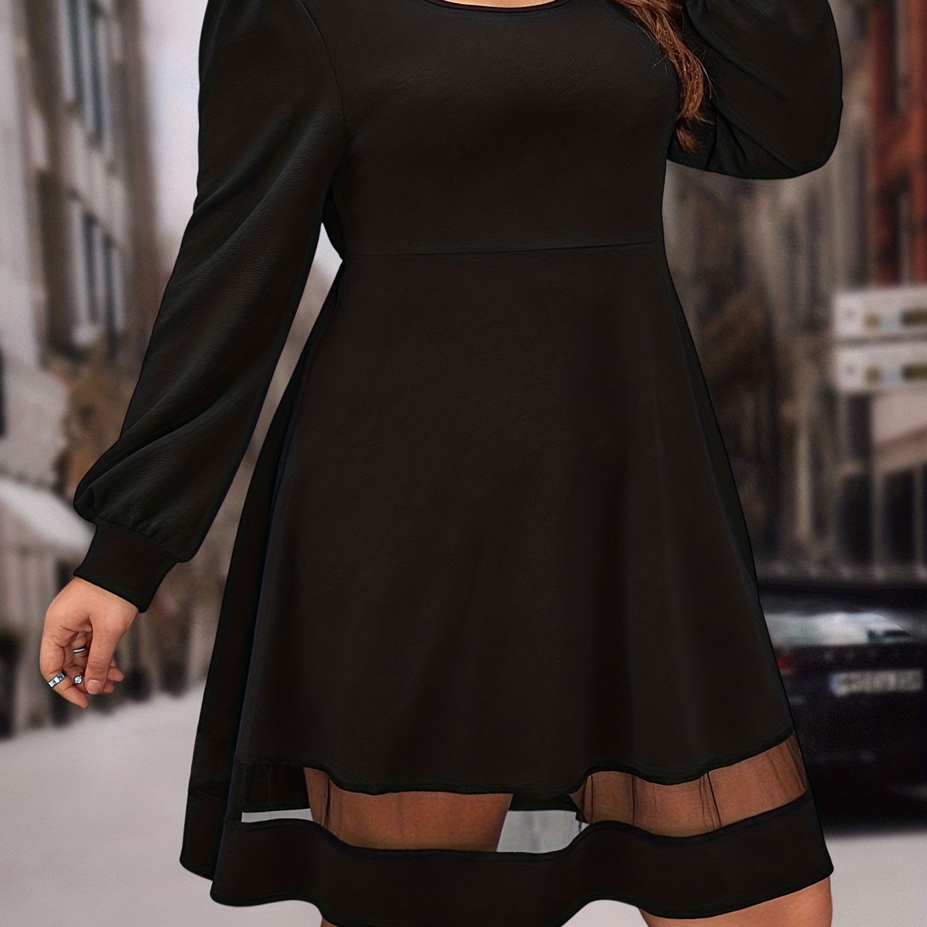  Casual Dress Solid Contrast Mesh Long Sleeve Square Neck