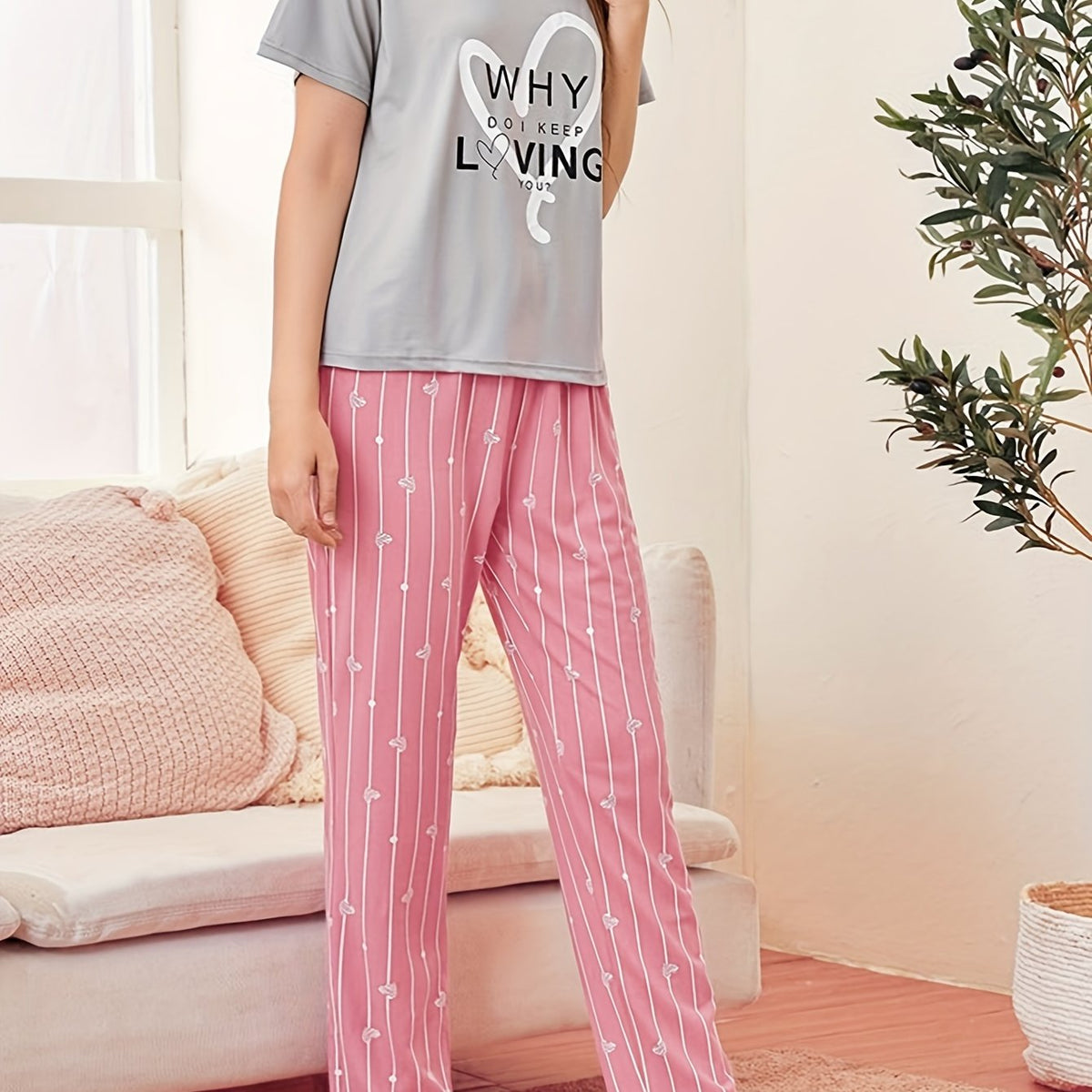 Heart Print Pajama Set Short Sleeve Crew Neck Top & Elastic Waistband Pants