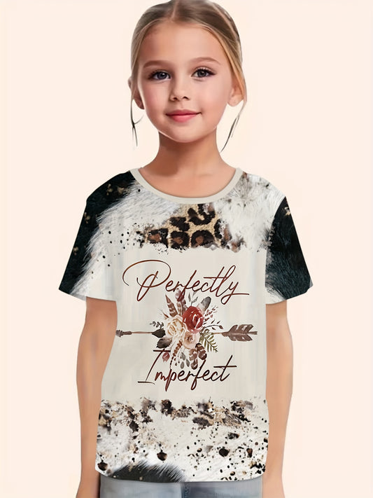 Girls Perfectly Imperfect Leopard Print Graphic T-shirt Short Sleeve Pullover