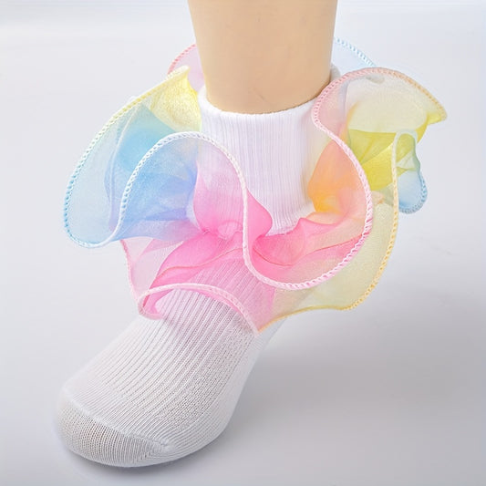 3 Pairs Baby Girls Rainbow Lace Ruffled Socks Breathable Comfy Socks