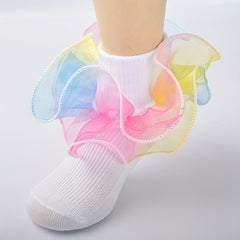 3 Pairs Baby Girls Rainbow Lace Ruffled Socks Breathable Comfy Socks