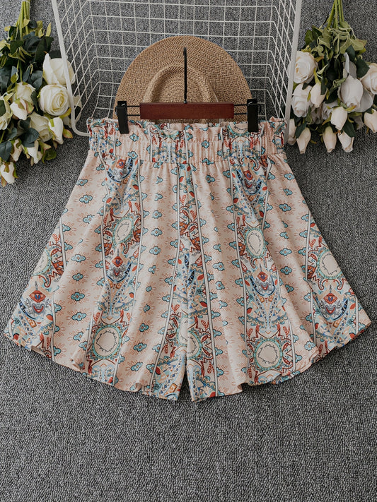  Allover Floral Print High Rise Elastic Loose Shorts