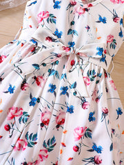 Girls V neck Flowers Graphic Belted Skirt Rompers