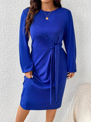  Solid Side Knot Lantern Sleeve Bodycon Midi Dress