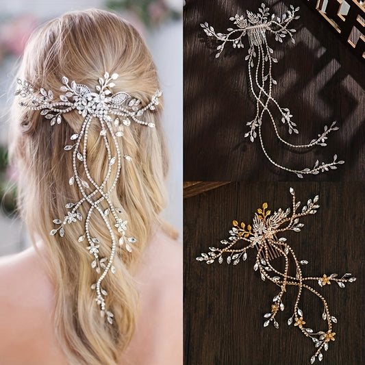Bridal Hair Comb Rhinestone Flower Headpiece Chain Golden Silver