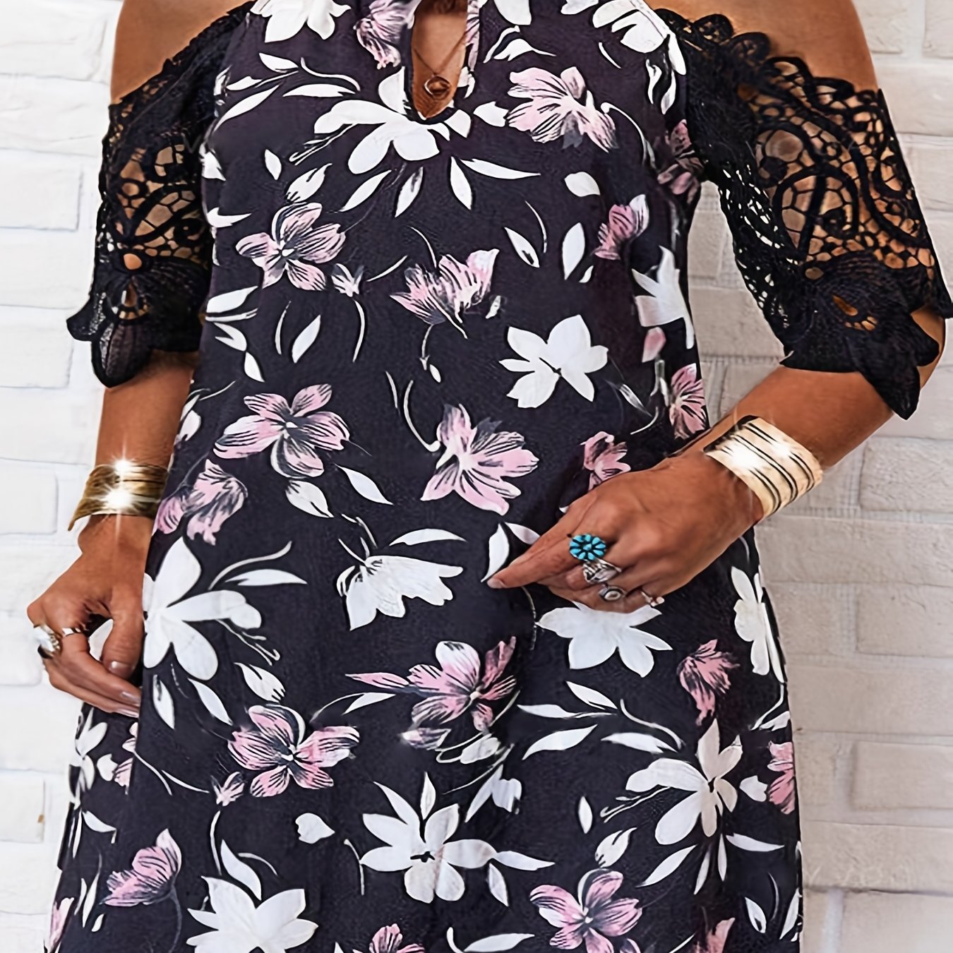  Casual Dress Women's Plus Floral Print Lace Cold Shoulder Midi Dress