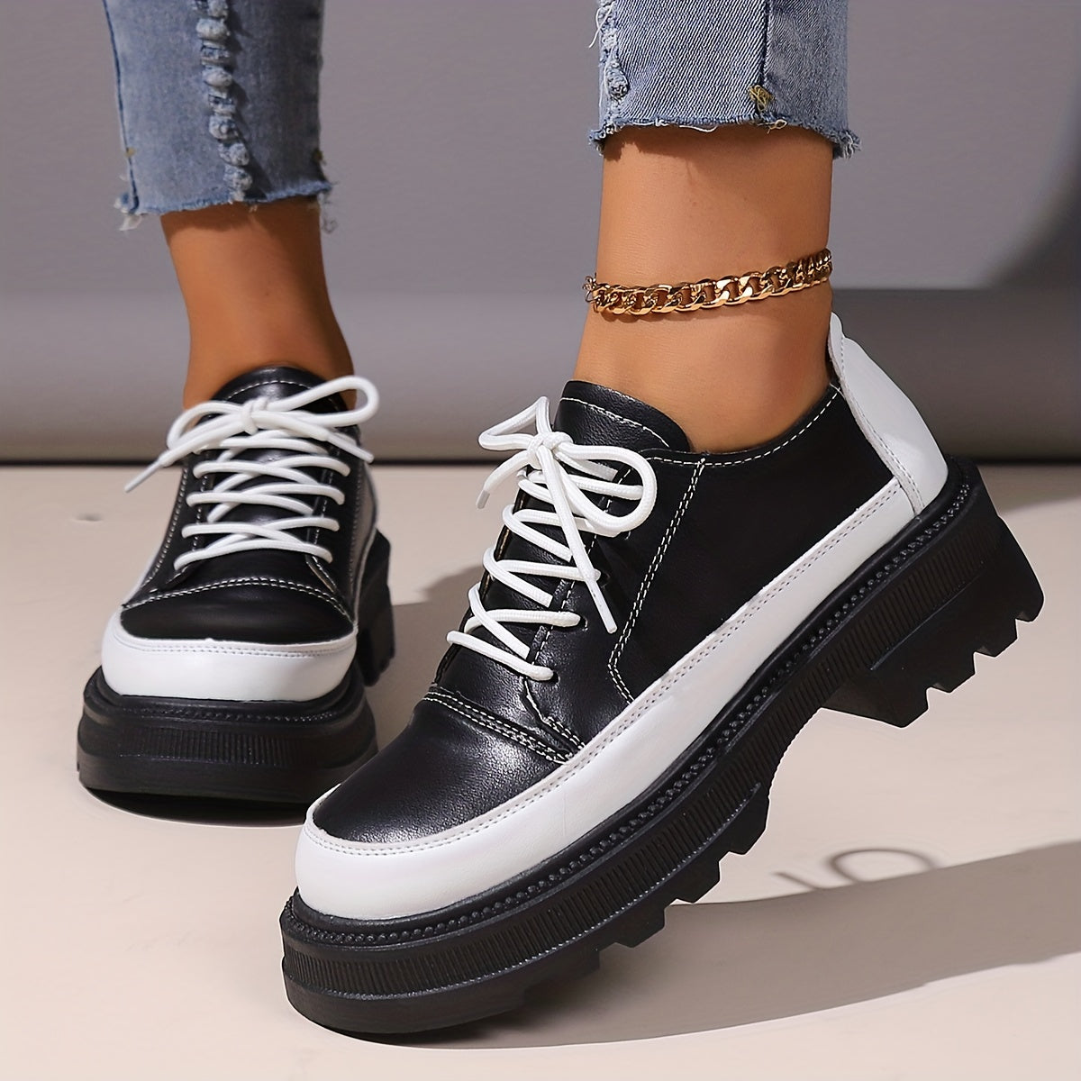 Colorblock Platform Sneakers Lace Up Loafers Low Top Shoes
